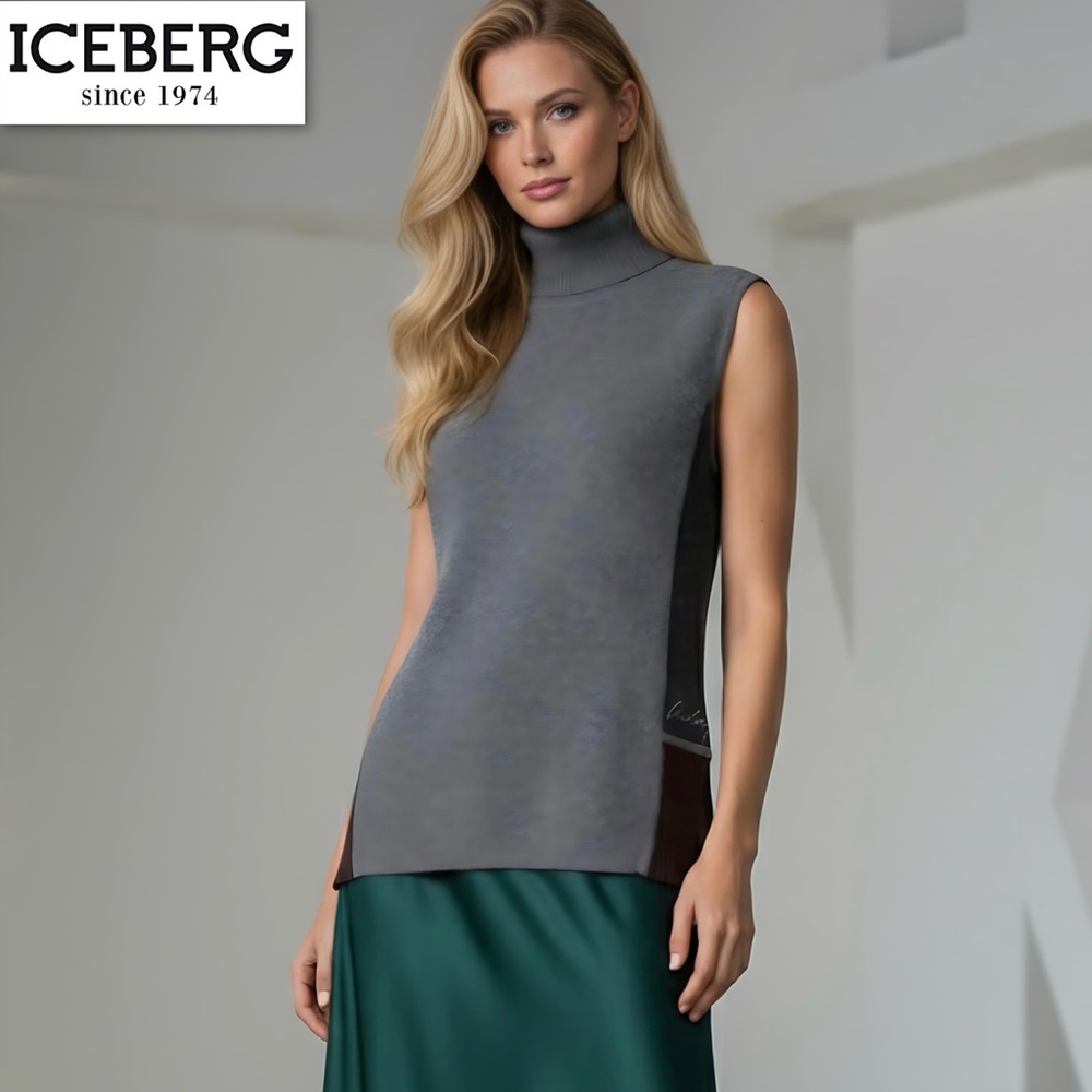 Iceberg 100% Cashmere Turtleneck Sweater Vest Gray Italy M Crystal Logo Italy